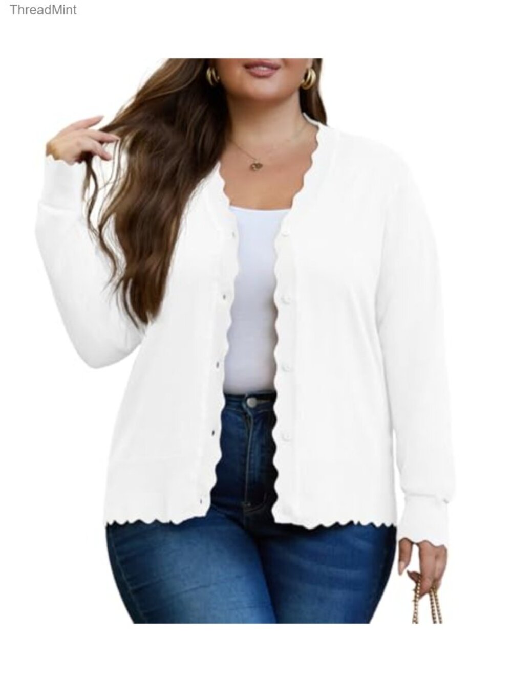 Plus Size Long Sleeve Open Front Knit Cardigan Wave Edge Lightweight
